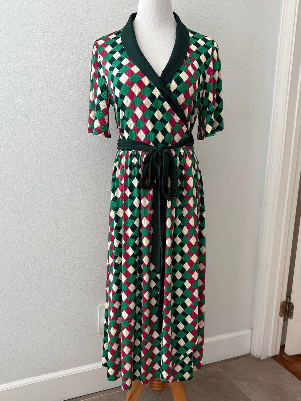 Voy Green Geometric Wrap Dress Small